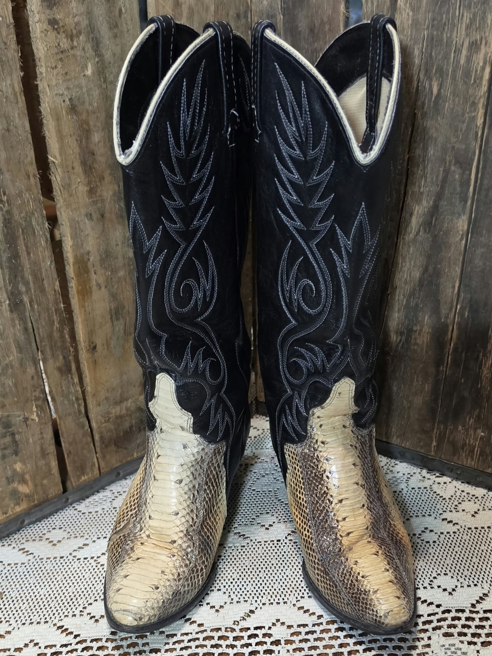 ACME Black and Cream Exotic Leather Women's Western Heeled Boots